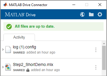 Activity tab of the MATLAB Drive Connector, with shared files indicated by the word SHARED and read-only files indicated with a padlock icon