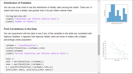 Live script with two outputs. Each output is displayed to the right of the code that produced it.