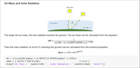 Live script with a heading, image, descriptive text with formatted equations, and code