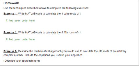 Live script containing a homework assignment with three exercises and text inviting the user to complete the exercises by adding code and text directly to the live script