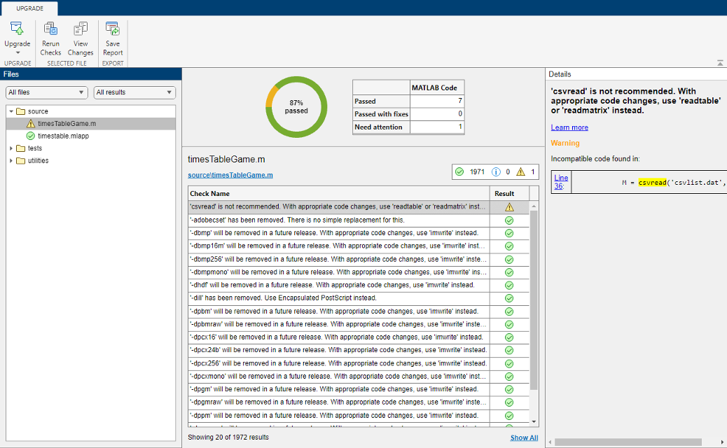 Project Upgrade tool with the toolstrip on top, list of files in the left pane, check details in the right pane, and results summary in the middle