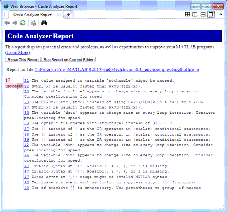 Web Browser window showing the Code Analyzer Report for lengthofline.m