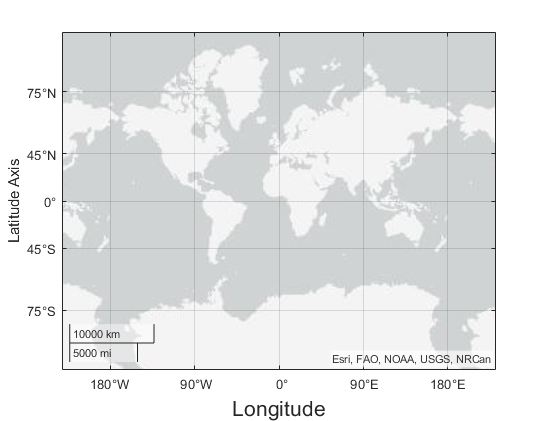 Geographic axes with customized latitude and longitude axis labels. The latitude axis label has updated text and the longitude axis label is larger.