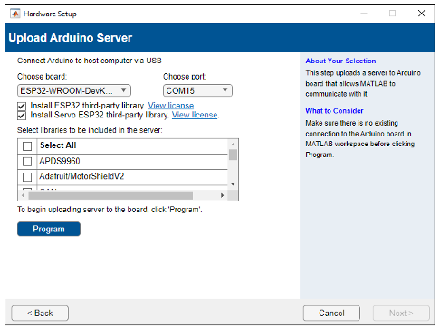 Upload Arduino server window