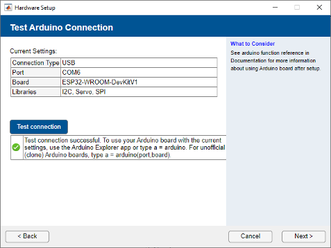 Test Arduino connection window