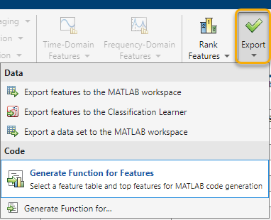 Export Features options. On the top, The Export button is on the far right. Underneath the button is a menu that contains options for Data and Code exports. In the Code section of the menu, Generate Function for Features is the first option and is selected.