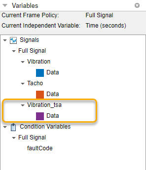 In the Variables pane, the new signal, Vibration_tsa, is the third signal on the list.