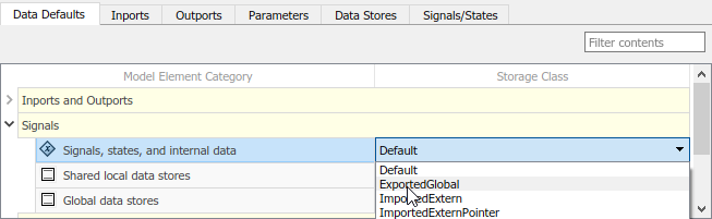 Code Mappings editor with Data Defaults tab selected, Signals tree node expanded, and storage class for Signals, states, and internal data set to ExportedGlobal.