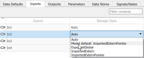 Code Mappings editor with Inports tab selected, signals In2, In3, and In4 selected, and storage class being set to Model default: ImportedExternPointer.