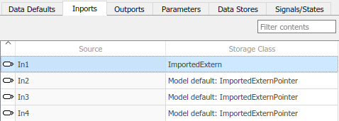 Code Mappings editor with Inports tab selected, signal In1 selected, and storage class being set to ImportedExtern