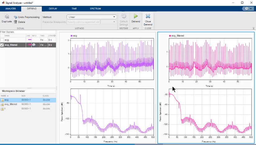 Signal Analyzer app displaying electrocardiogram signals and their spectra. Click to open the video.