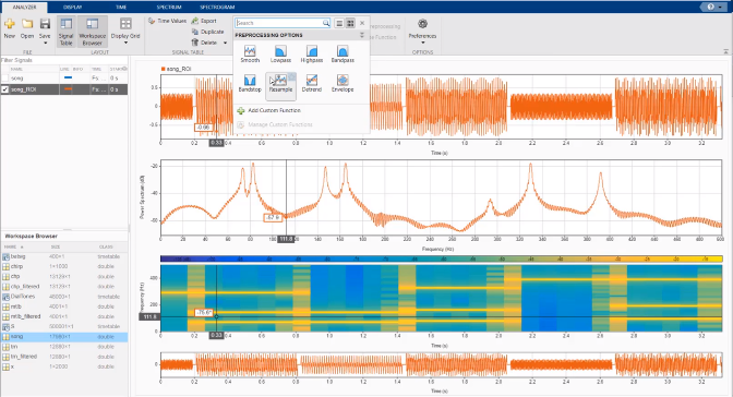 Signal Analyzer app resampling a region of a signal. Click to open the video.