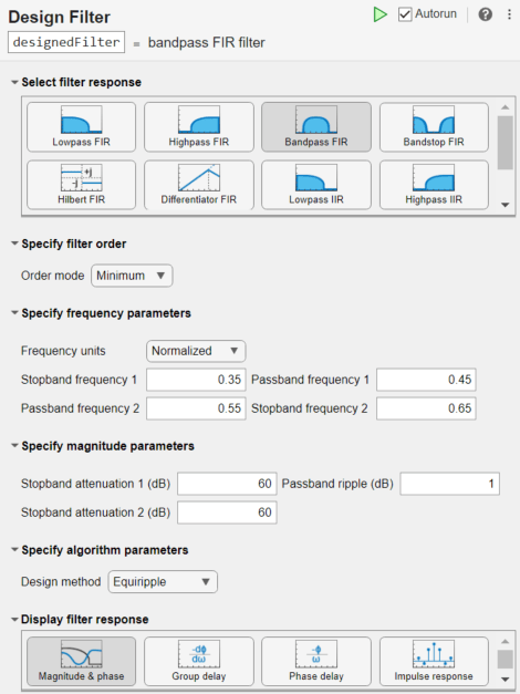 Design Filter Live Editor task showing Bandpass FIR filter response