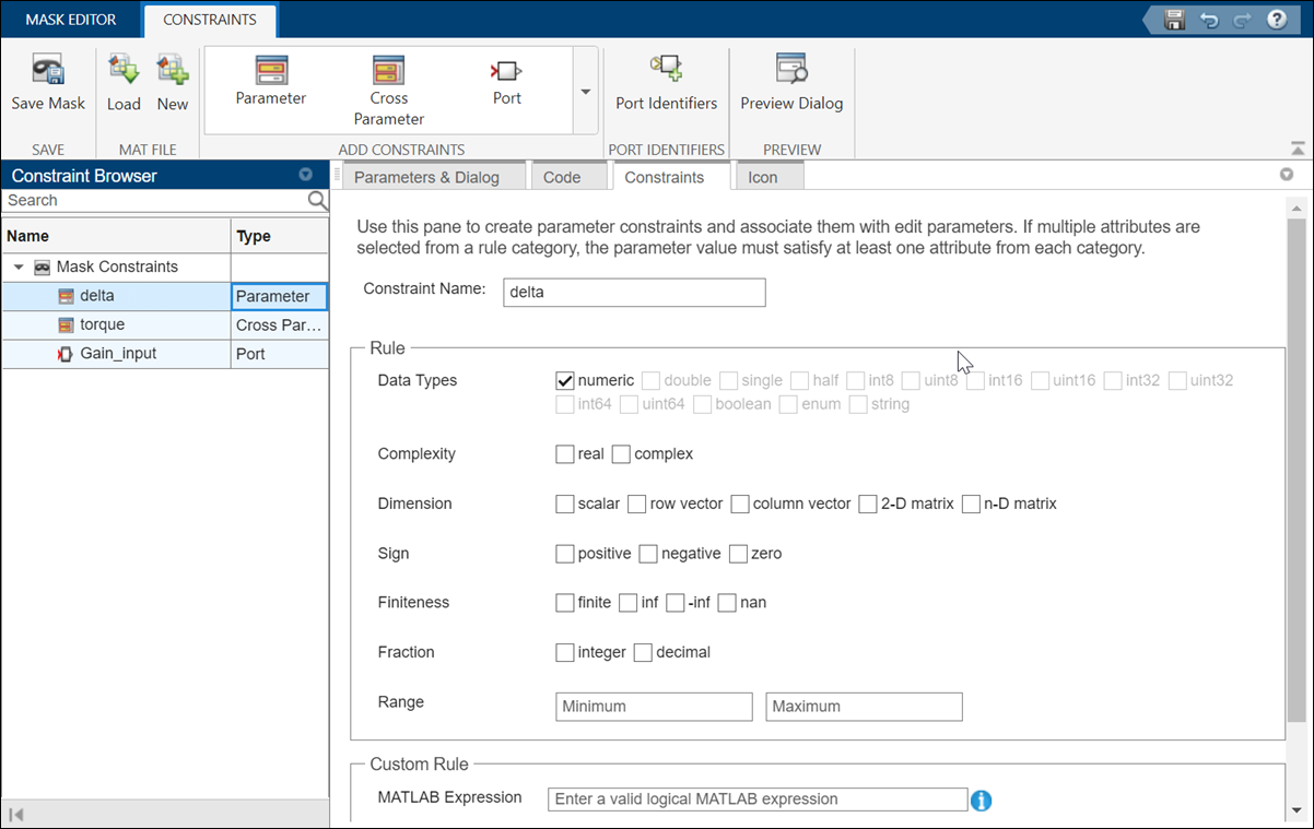 Constraints showing parameter, cross parameter, and port constraints in a file.