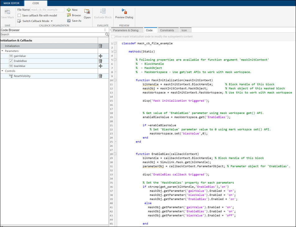 Mask initialization and parameter callback pane