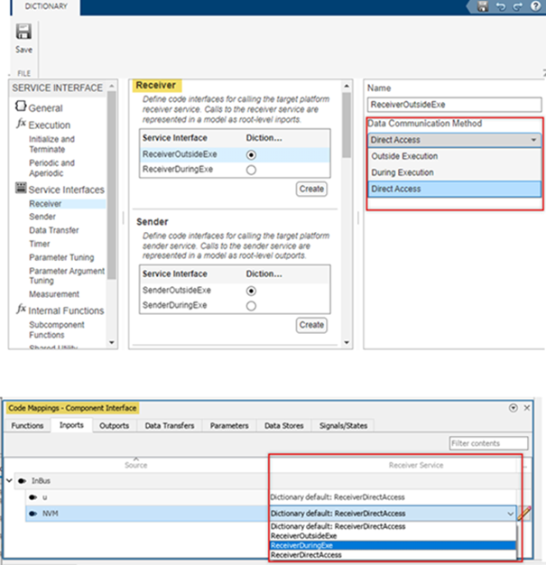 Embedded Coder dictionary interface for selecting the data communication method