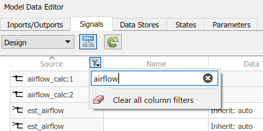 The Source column of the Model Data Editor is being filtered by "airflow."