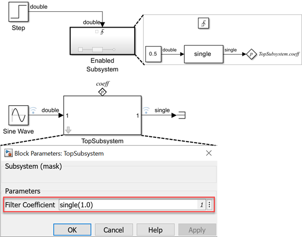 Mask parameter value setting when Parameter Writer block writes data with datatype other then double to a parameter inside a masked subsystem