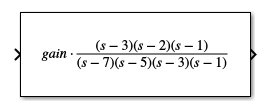 The Zero-Pole block shows the transfer function with the zero and pole values populated from the block parameter values.