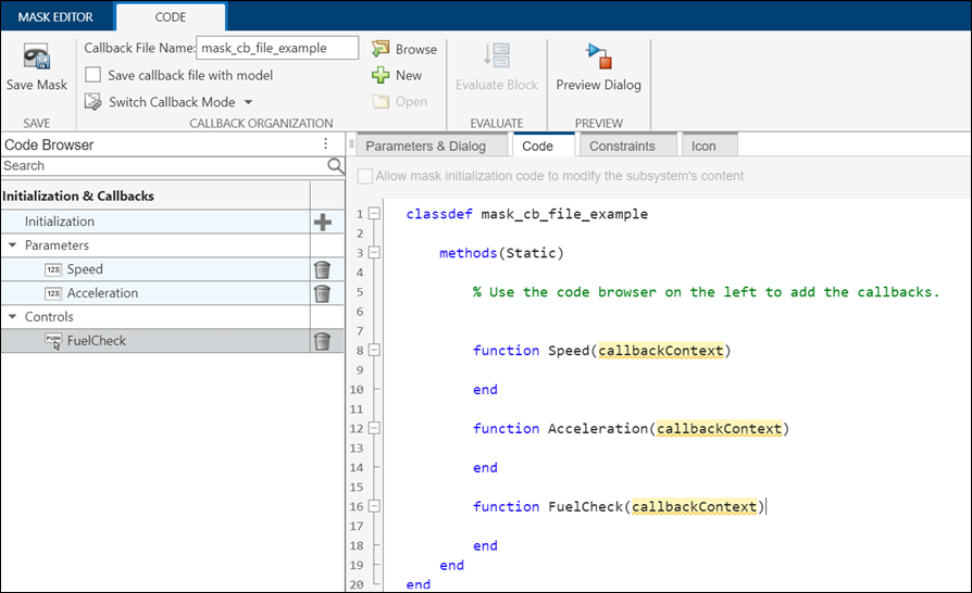 Mask Editor showing parameter callback code in the Code tab.