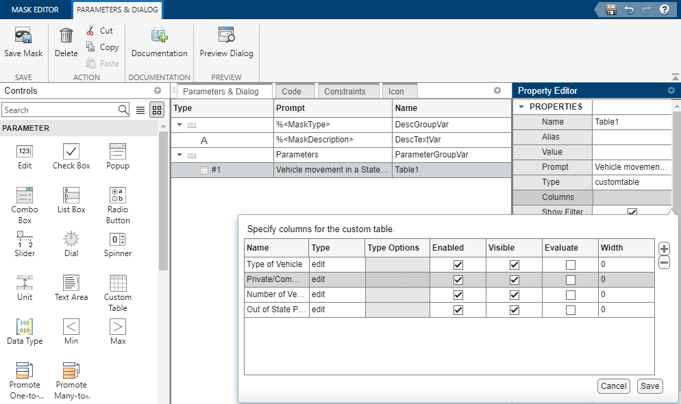 Custom table parameters.