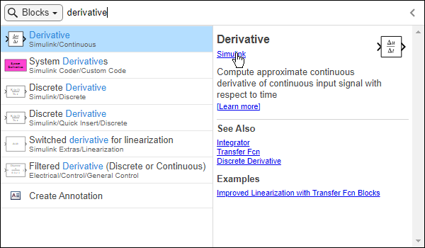 Quick insert menu with the word "derivative" in the search box, the Derivative block selected in the search results, and the pointer paused on the name of the Simulink library on the details pane