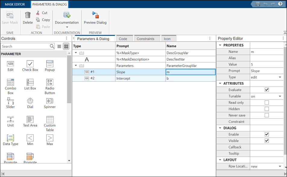 mask editor showing the parameters slope and intercept.