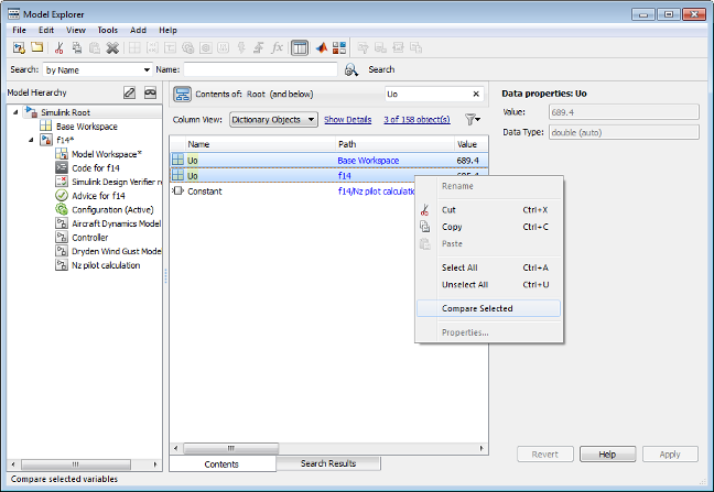 The Contents pane in Model Explorer with two duplicate variables selected and Compare Selected highlighted in the context menu.