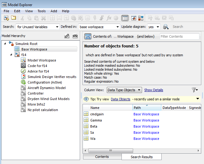 The contents pane in Model Explorer displays unused variables in the base workspace.