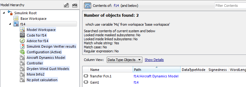 Model Explorer Contents pane lists blocks in the model hierarchy that use the variable Mq