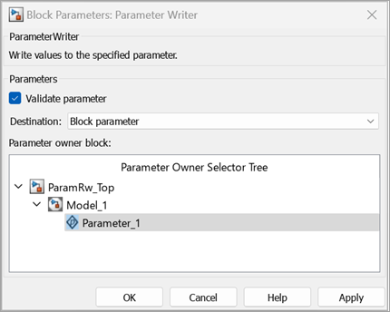 Configure Parameter Writer block to write to model instance parameter Parameter_1.