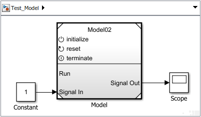 Add Model block and reference the export-function model