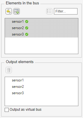 Block Parameters dialog box for the Bus Selector block after completion of this step