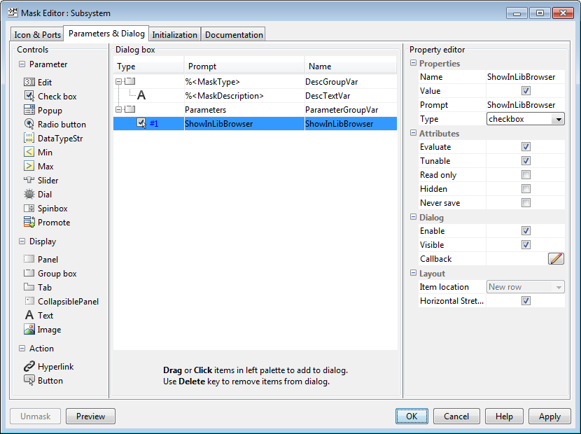 In the Mask Editor for the subsystem, ShowInLibBrowser is selected.