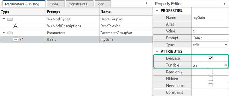 Mask Editor dialog. Evaluate and Tunable attributes are highlighted.