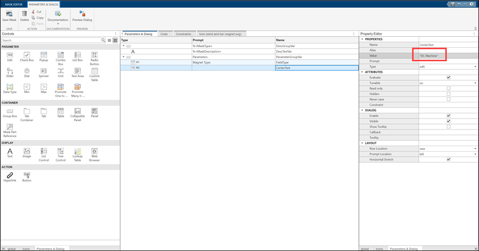 Property Editor showing the CenterText parameter with value "DC Machine".