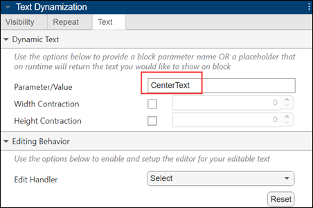 Text Dynamization pane. In the Text pane, Parameter/Value is set to CenterText.