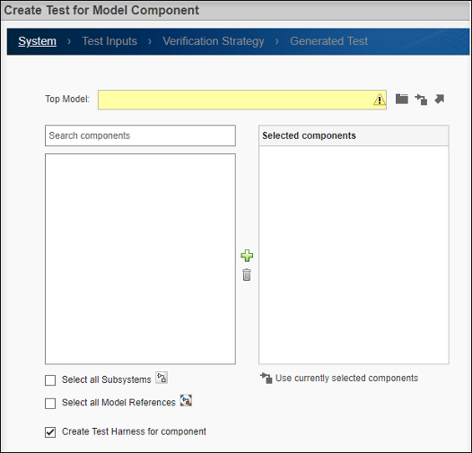 Wizard section showing fields to specify the model and component to test and whether to create a test harness.