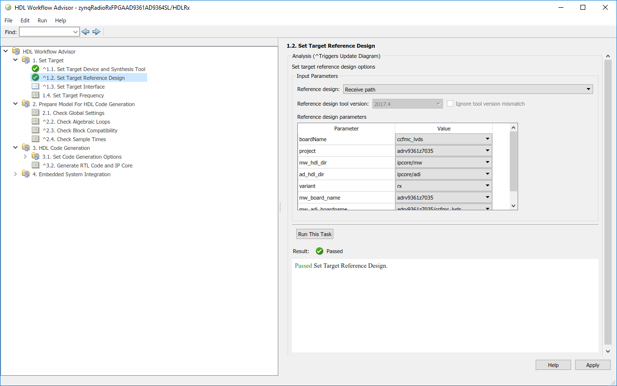 HDL workflow advisor window with set target reference design selected