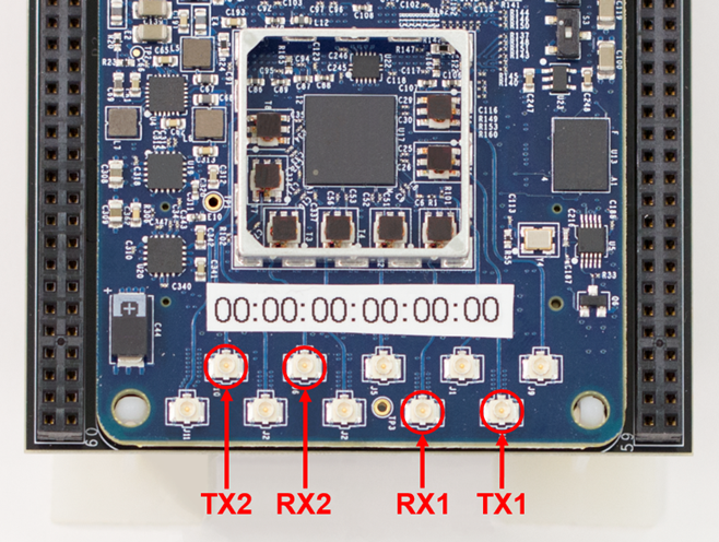 Transmit and receive antennas on ADI RF SOM radio hardware board