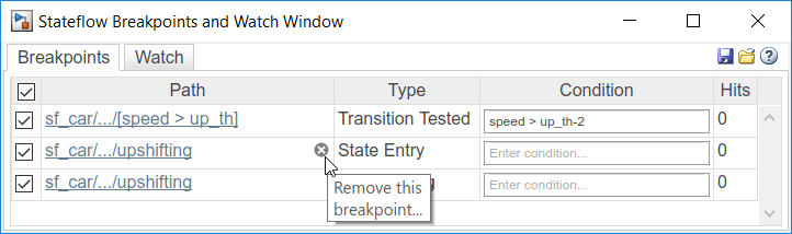 Remove this breakpoint icon in the Stateflow breakpoints and watch window.