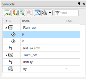 Symbols pane showing state data p and v under Run_up.