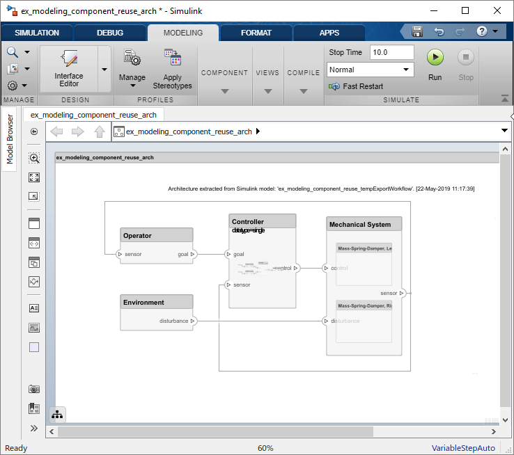 Exported model in a system composer window displayed as an architecture model.