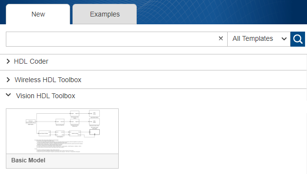 Simulink start page showing templates sections including Vision HDL Toolbox.