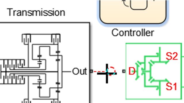 Model an automatic transmission using gears and clutches from Simscape Driveline. The control logic is modeled as a state machine in Stateflow .